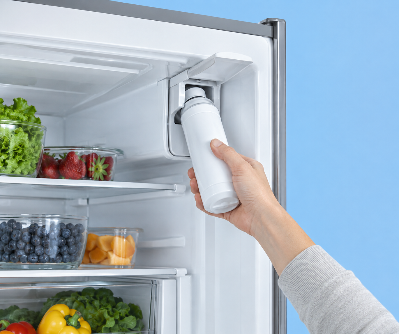 A water filter cartridge being fitted inside the fresh food compartment of a fridge